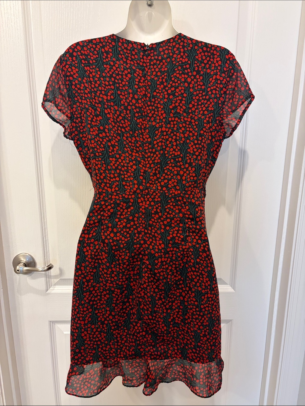 Bardot Black Red Cherry Print Faux Wrap Ruffle Mini Dress 6 - Picture 5 of 8